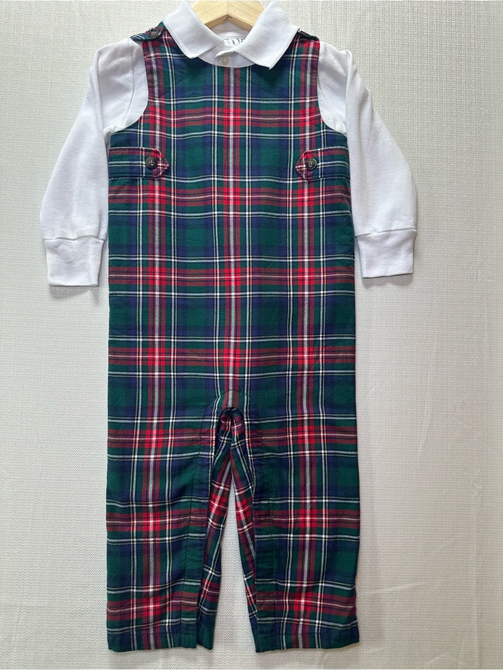 Janie and Jack Green & Red Plaid Long-Sleeve Jumpsuit with White Collar